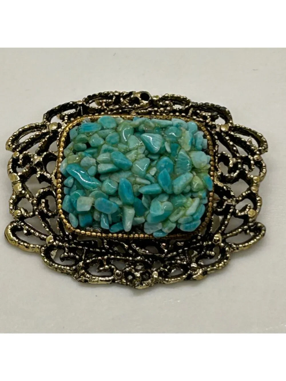Vintage Filigree Brooch Turquoise Colored Nugget Chips Gold-Tone Textured Pin
